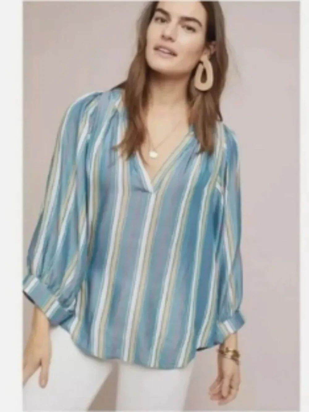 Like New! Anthropologie Maeve Byron Blue Striped Balloon Sleeve Split Neck Top L